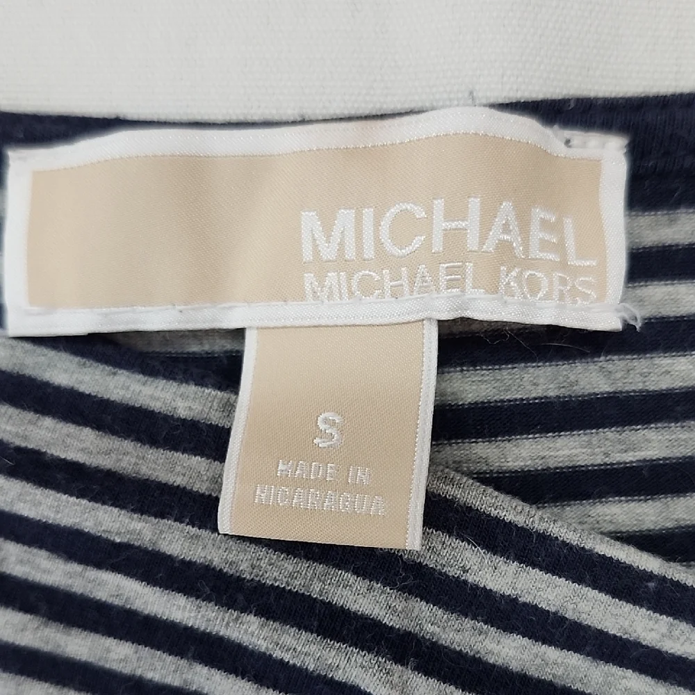 Michael Kors Navy and White Striped Stretch Cotton Knit Top Logo Ring Detail S